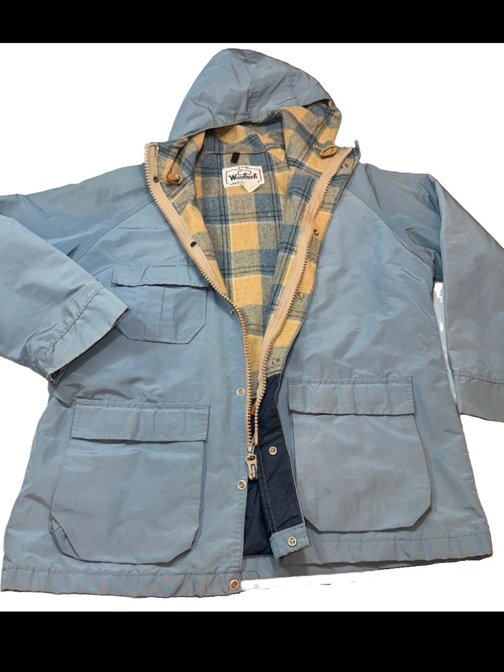 Woolrich Women L Blue Snap Zip RAIN Jacket Hood PLAID WOOL lining Cinch Tie VTG